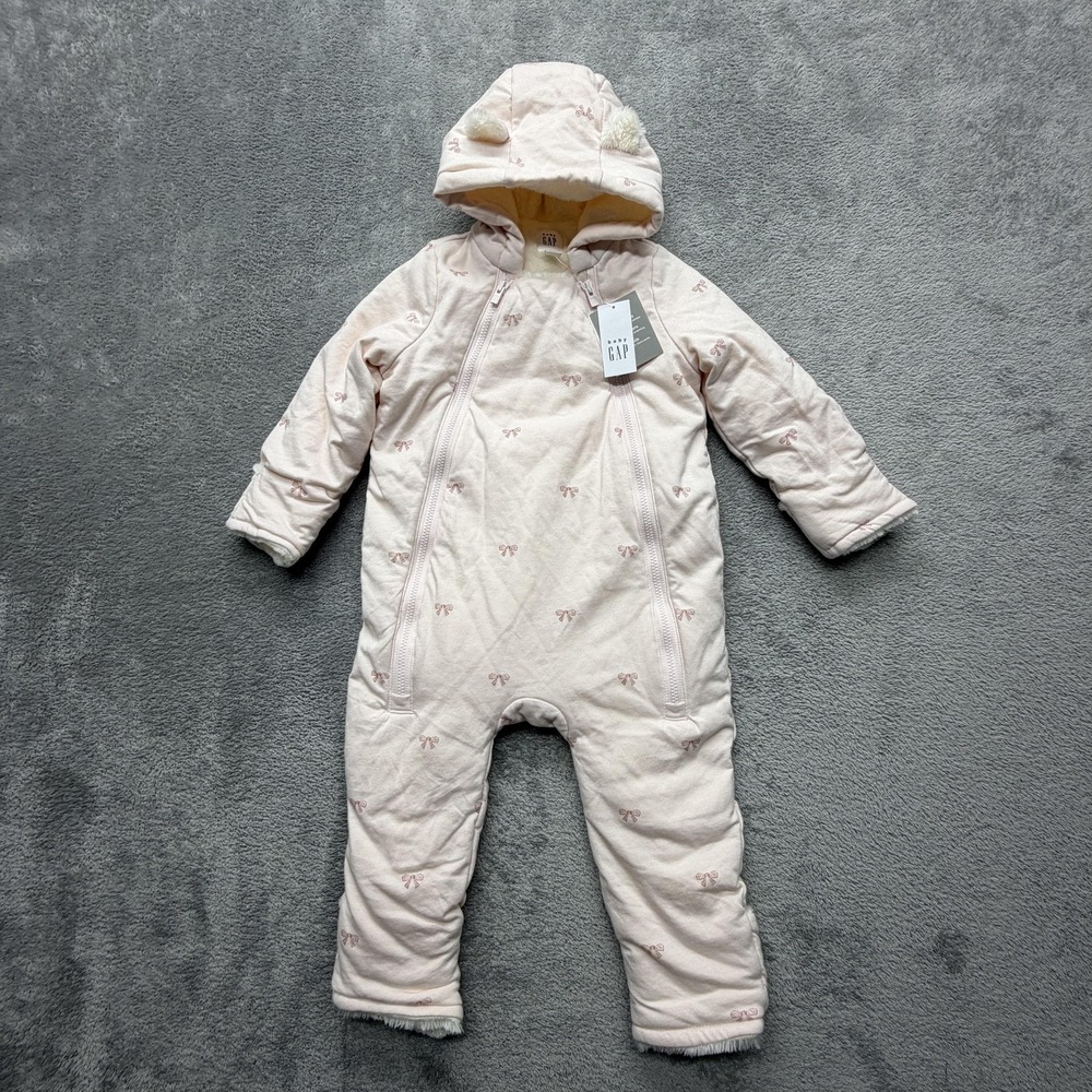 Baby GAP Coverall Girls 6-12 Months Pink Hooded Zip Bow Sherpa‎ Lined Winter